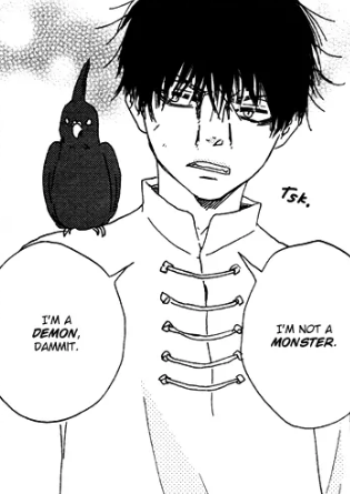 Manga panel depicting Endo with Mark, a black bird, on his shoulder. Endo says, 'I'm not a monster. I'm a demon, dammit.'
